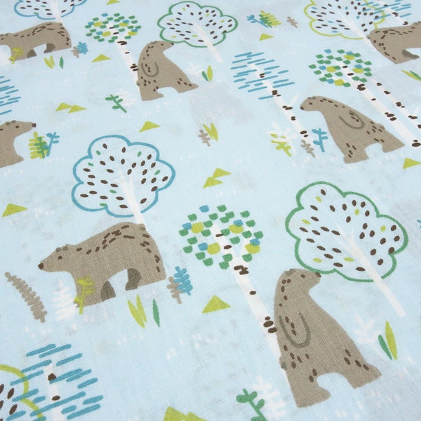 Fabric cotton poplin with bears trees design light blue brown green children's fabric blouse fabric dress fabric