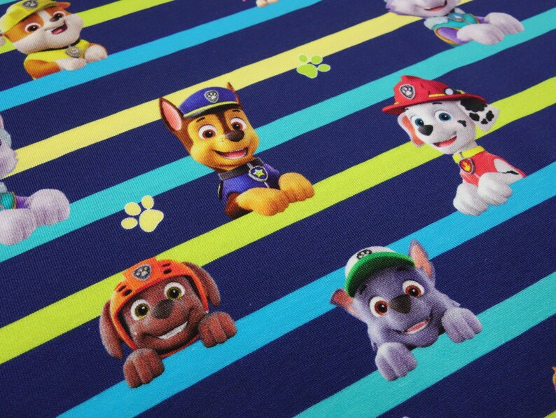 Stoff Baumwolle Jersey Paw Patrol blau bunt gestreift Kinderstoff Kleiderstoff Lizenzstoff