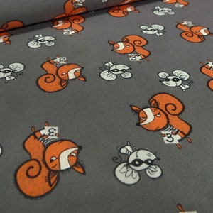 Fabric cotton jersey foxes mice taupe brown orange dress fabric children&#39;s fabric