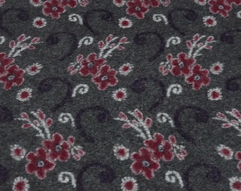 Fabric Italian patterned walk, boiled wool, relief flowers tendrils, dark grey, burgundy, white, purple, dress fabric, coat fabric