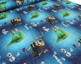 Stoff Baumwolle Jersey mit Disney Eiskönigin Frozen Anna Elsa Olaf Design blau grün bunt Kinderstoff Kleiderstoff Lizenzstoff