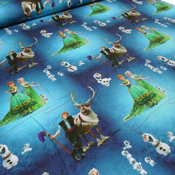 Fabric cotton jersey with Disney Frozen Anna Elsa Olaf design blue green colorful children's clothing fabric licensed fabric
