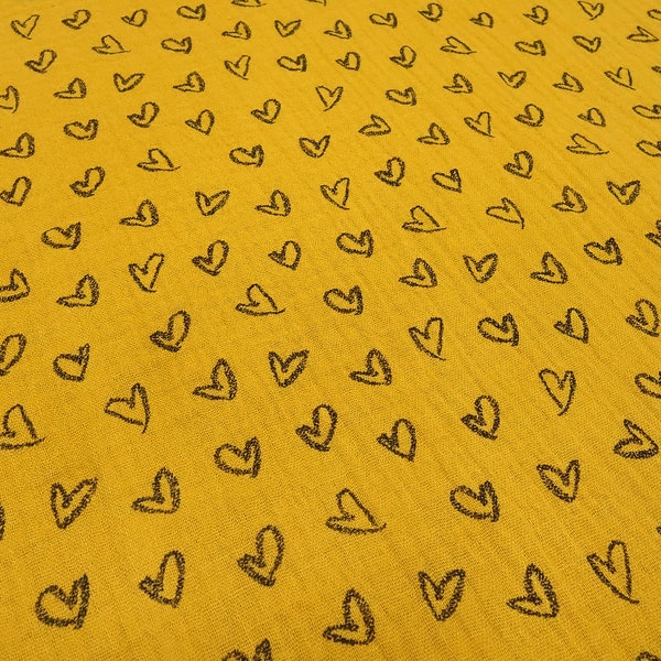 Fabric cotton muslin double gauze hearts curry mustard yellow black burp cloth dress fabric