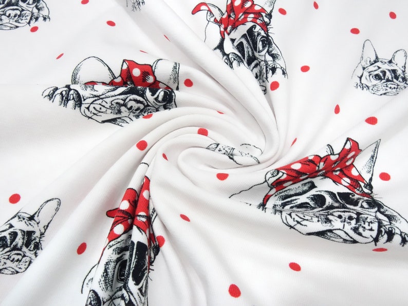 Fabric Jersey Cotton Pugs Pugs Dogs Panel 0.8m x 1.50m Red White Children/'s Fabric Dress Fabric Miss by Julie