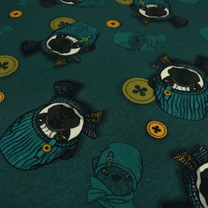 Fabric Cotton French Terry Sweatshirt fabric dogs bulldog buttons green curry brown children's fabric dress fabric