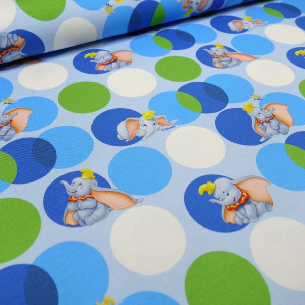 Tissu jersey coton Dumbo éléphant points Disney bleu vert blanc tissu enfant tissu vêtement tissu sous licence