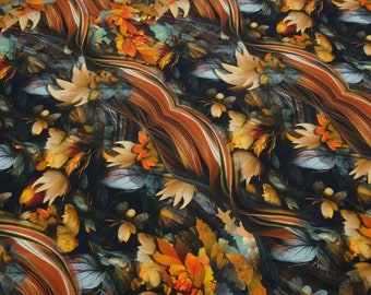 Fabric cotton jersey abstract autumn leaves flowers design orange rust black beige colorful dress fabric
