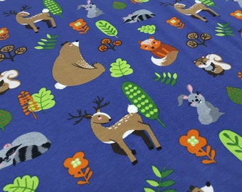 Fabric cotton jersey foxes bears rabbits deer blue colorful children's fabric dress fabric Little Darling