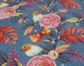 Fabric cotton jersey flowers leaves birds gray orange pink colorful dress fabric children's fabric