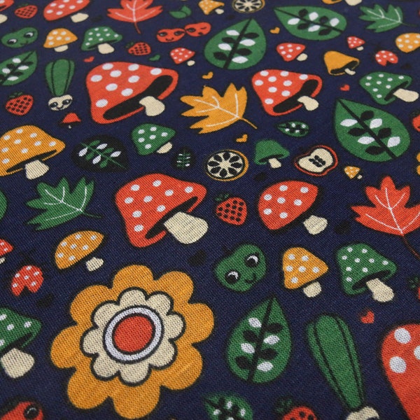 Tissu sweat tissu Alpenfleece avec champignons champignons fleurs design bleu rouge vert orange tissu pour enfants tissu à capuche