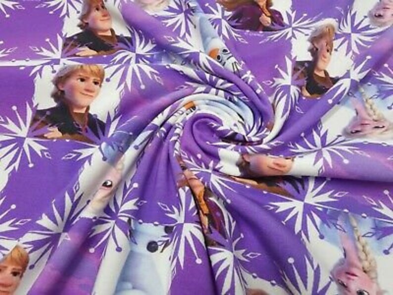Fabric Cotton Jersey with Disney Ice Queen Frozen Anna Elsa Olaf Kristoff Design Purple White Colorful Children/'s Fabric Dress Fabric License fabric