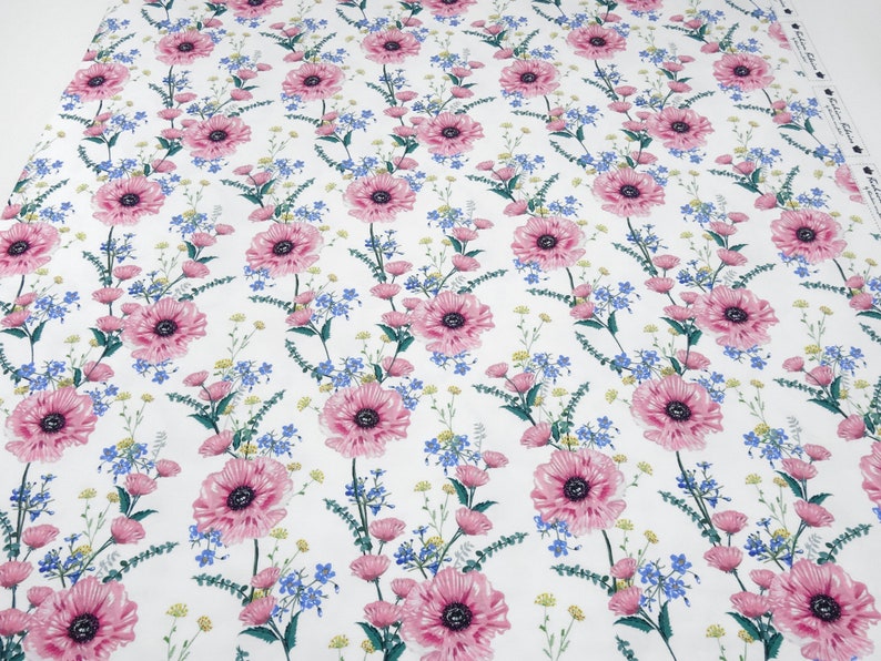 Fabric cotton jersey with flowers flowers flower meadow design white pink green yellow colorful dress fabric
