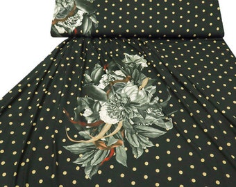 Stoff Viskose Jersey Blumen Punkte Rapportdruck 79cm schwarz beige grau Kleiderstoff