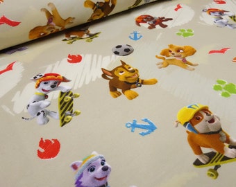 Fabric cotton jersey with license print Paw Patrol beige-brown colorful children's fabric dress fabric licensed fabric