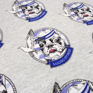 Fabric sweatshirt fabric French Terry French Bulldog dogs seagulls design grey blue white dress fabric children&#39;s fabric Fräulein von Julie