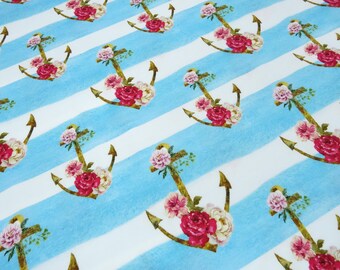 Tela jersey de algodón con diseño de rayas de rosas y anclas marítimas, tela de vestir a rayas blancas, azules y rojas de colores, tela infantil