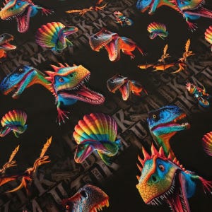 Fabric Cotton French Terry Summer Sweatshirt Fabric Dinos Dinosaur T-Rex Design Chocolate Brown Multicoloured Children&#39;s Fabric Dress Fabric