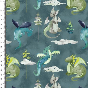 Fabric cotton jersey dragon design petrol green gray blue colorful children's clothing fabric