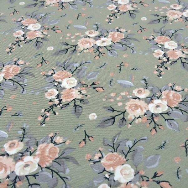 Tissu jersey de coton fleurs roses vert anis rose gris tissu robe florale