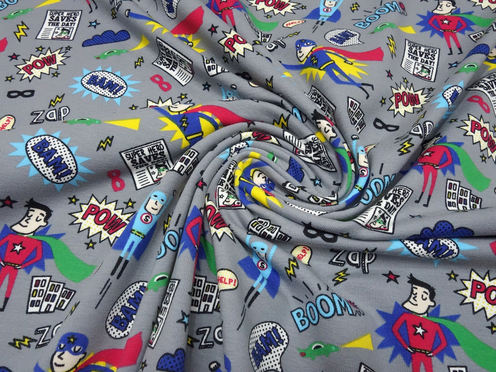 Stoff Baumwolle Jersey Superhelden Comic grau blau rot bunt Etsy