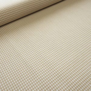 Könnte beinhalten: Ein Stoffballen mit einem kleinkarierten Vichy-Muster in einer neutralen beige-weißen Farbpalette. Das Textil weist eine gleichmäßige Webstruktur mit einem sich wiederholenden Gitterdesign auf, das die gesamte sichtbare Oberfläche bedeckt.