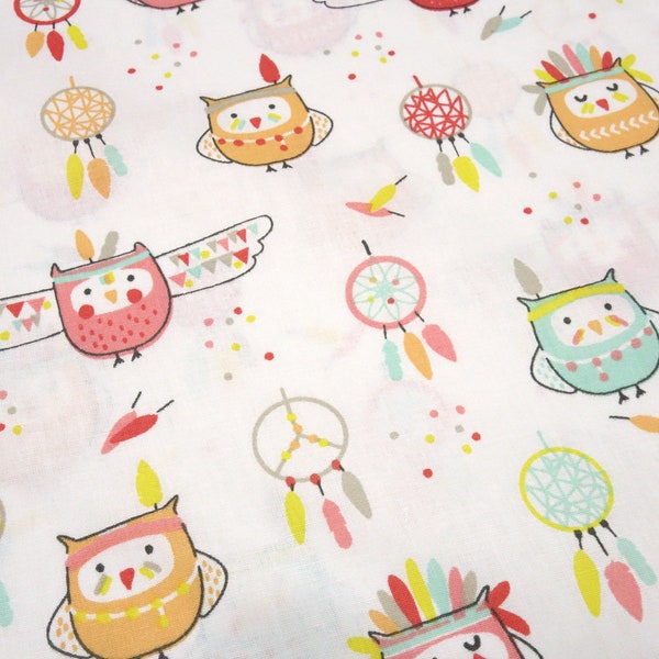 Fabric cotton poplin owls dream catcher ecru red orange green colorful children's fabric clothing fabric blouse fabric