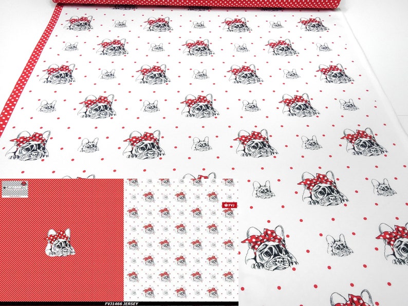 Fabric Jersey Cotton Pugs Pugs Dogs Panel 0.8m x 1.50m Red White Children/'s Fabric Dress Fabric Miss by Julie
