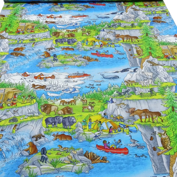 Stoff Baumwolle Jersey Wimmelsbuch Nordamerika Design blau grün braun bunt Kinderstoff Kleiderstoff Lizenzstoff