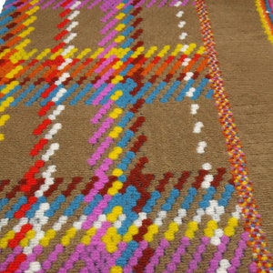 Puede incluir: Primer plano de una alfombra marr&oacute;n con un patr&oacute;n de cuadros de colores. La alfombra est&aacute; hecha de hilo tejido y tiene un borde de flecos.