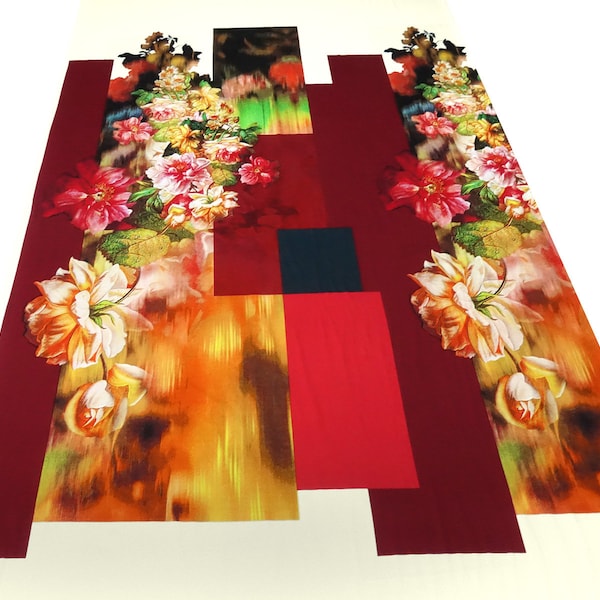 Stoff Viskose Jersey Stoffpanel Panel 110 cm mit abstrakten Blumen Ranken Design vanille rot grün bunt Kleiderstoff