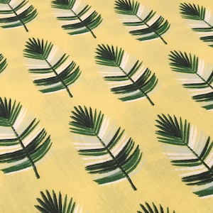 Fabric cotton poplin with fir branches feathers design yellow green blouse fabric dress fabric decorative fabric