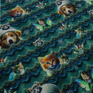 Fabric Cotton French Terry Summer Sweatshirt Fabric Dogs Cats Fairies Design Green Blue Brown Colorful Children&#39;s Fabric Dress Fabric