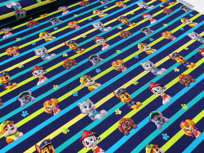 Stoff Baumwolle Jersey Paw Patrol blau bunt gestreift Kinderstoff Kleiderstoff Lizenzstoff