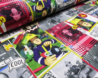 Fabric cotton jersey Fireman Sam gray red green colorful children's fabric dress fabric license fabric