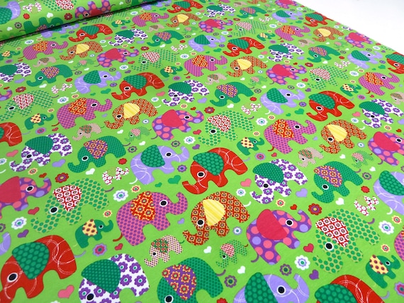 Stoff Baumwolle Jersey Elefanten Blumen Herzen Druck grün bunt Kinderstoff