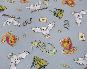 Fabric cotton jersey licensed print Harry Potter Hedwig owl gray blue red gray colorful children's clothing fabric