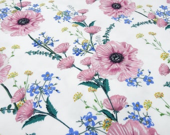 Fabric cotton jersey with flowers flowers flower meadow design white pink green yellow colorful dress fabric