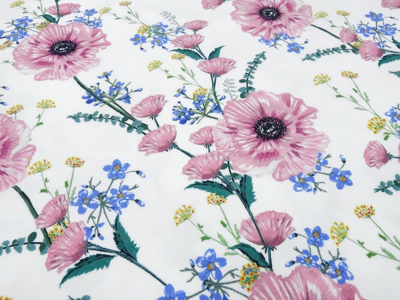 Fabric cotton jersey with flowers flowers flower meadow design white pink green yellow colorful dress fabric