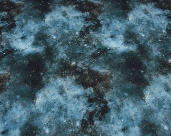 Tela de sudadera de algodón con diseño de galaxia, espacio y estrellas en azul, cian, negro y multicolor; tela infantil; tela para vestidos; tela para sudaderas con capucha