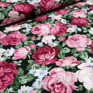 Stof katoen poplin rozen bladeren ontwerp rood roze olijf zwart wit blouse stof jurk stof decoratieve stof