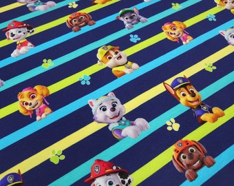 Tela de jersey de algodón, Patrulla Canina, azul, rayas multicolor, tela infantil, tela para vestidos, tela con licencia
