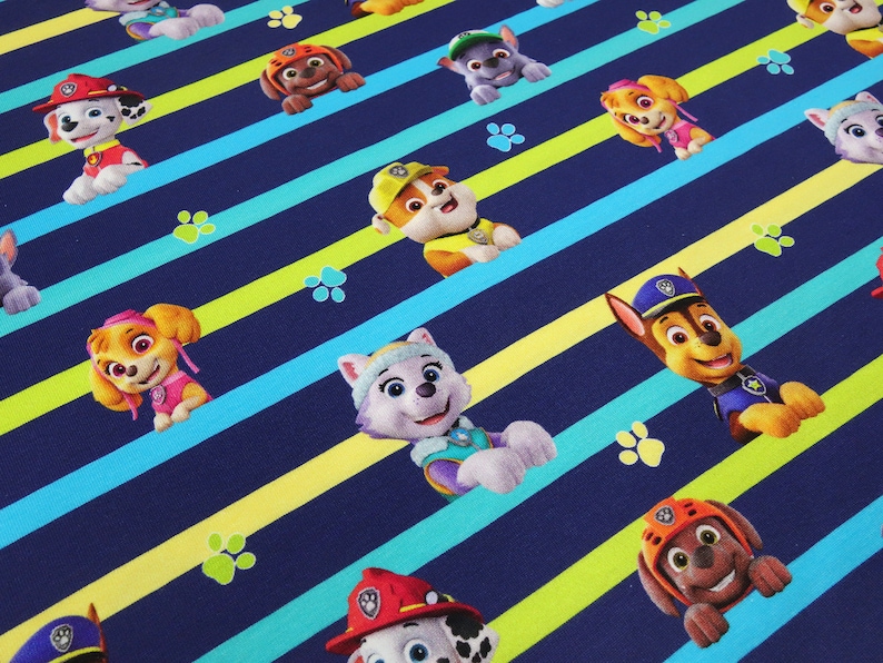 Stoff Baumwolle Jersey Paw Patrol blau bunt gestreift Kinderstoff Kleiderstoff Lizenzstoff