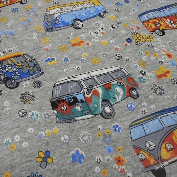 Tissu sweat-shirt tissu polaire alpin côté hippie bulli voiture van design gris mélange coloré tissu pour enfants vêtements tissu à capuche tissu