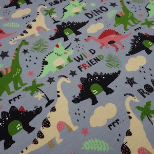 Fabric Cotton French Terry Sweatshirt fabric Dinos Dinosaurs grey green red Dress fabric Children's fabric