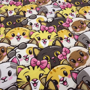 Fabric cotton French Terry sweatshirt fabric party animals cats kittens design curry yellow grey pink colourful dress fabric children&#39;s fabric