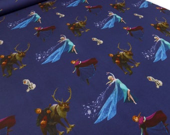 Tessuto jersey di cotone Disney Frozen Anna Elsa Olaf design blu scuro blu multicolore tessuto per bambini tessuto per abiti tessuto con licenza