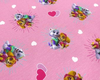 Tela de jersey de algodón con estampado licencia Patrulla Canina corazones rosas y coloridos tela infantil para vestido