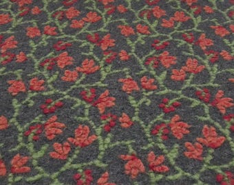 Fabric Italian pattern boiled wool felted loden relief flowers tendrils grey green orange red coat fabric dress fabric