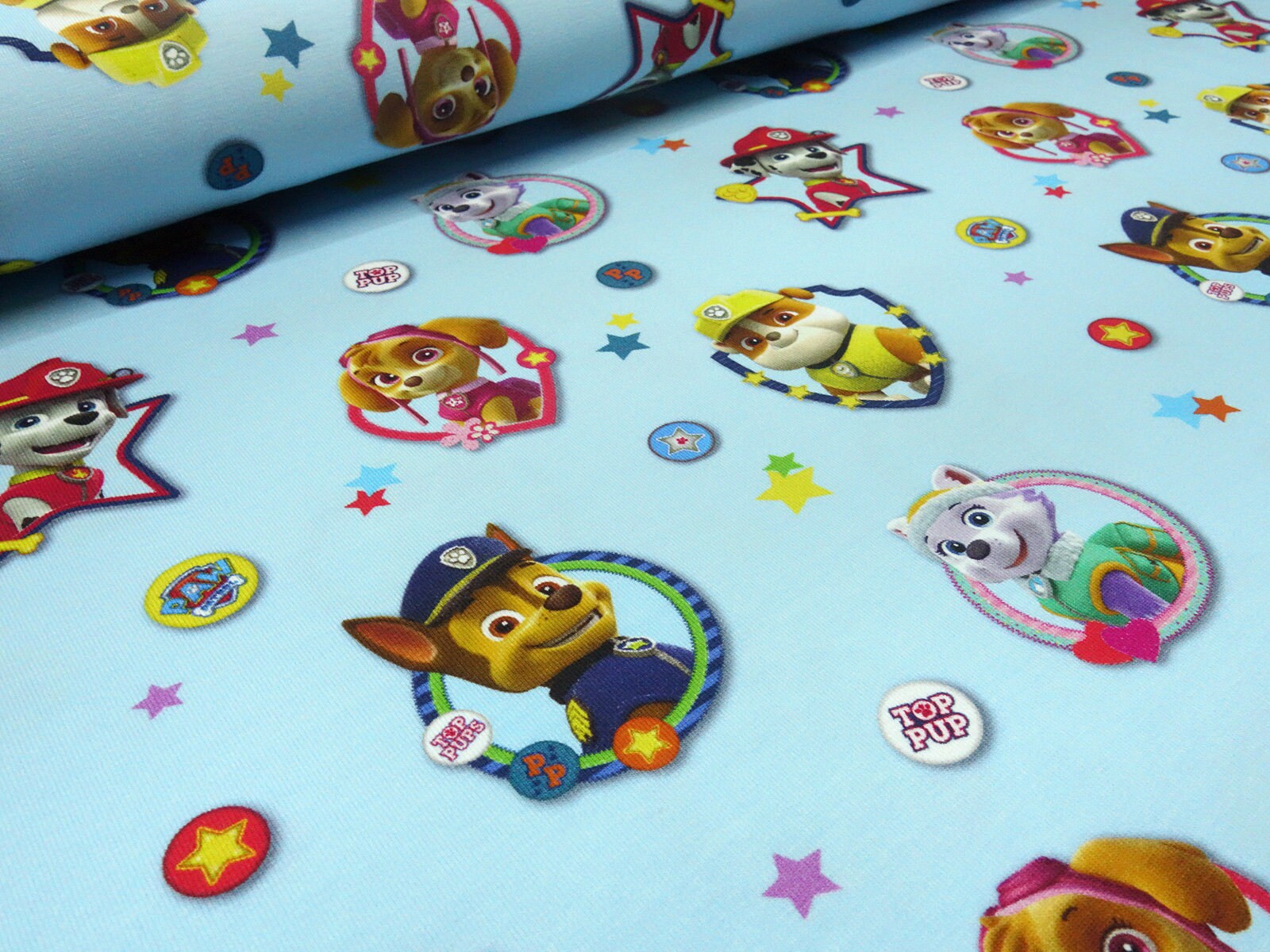 Fabric Cotton Jersey Licensed Print Paw Patrol Light Blue Colorful