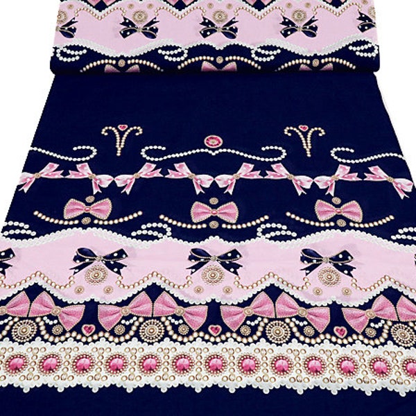 Stoff Baumwolle Voilé mit Rapportdruck 79cm Perlen Schleifen dunkelblau rosa Blusenstoff Kleiderstoff